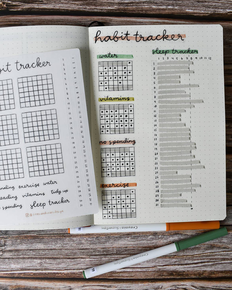 sheet of stickers to track habits like: journaling, exercise, no spending, and water