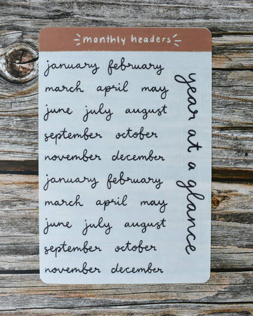sheet of stickers with hand written month headers