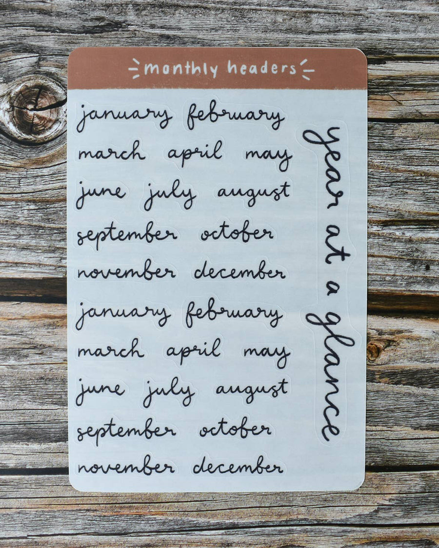 sheet of stickers with hand written month headers