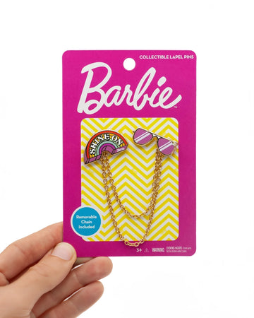 rainbow 'shine on' and pink sunglasses pins with removable double chains