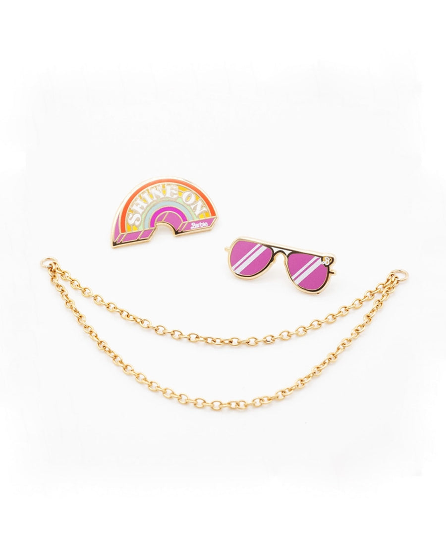 rainbow 'shine on' and pink sunglasses pins with removable double chains separated