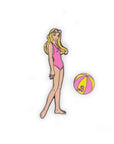 malibu beach barbie with pink swimsuit and yellow and pink beach ball pins
