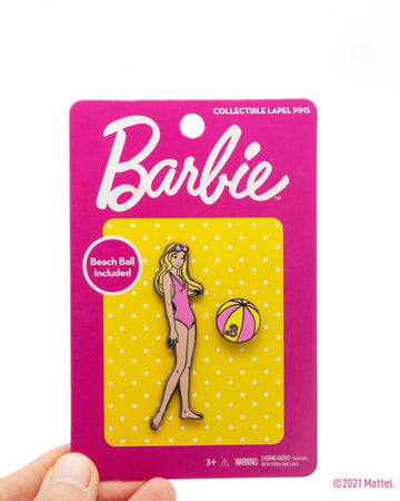 malibu beach barbie with pink swimsuit and yellow and pink beach ball pins on cardstock