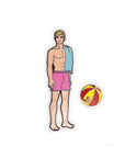 malibu beach ken with pink swim trunks and yellow and red beach ball pins