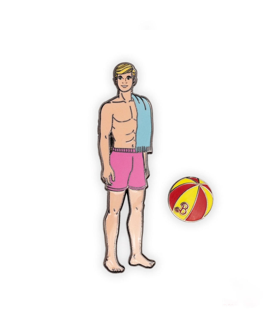 malibu beach ken with pink swim trunks and yellow and red beach ball pins