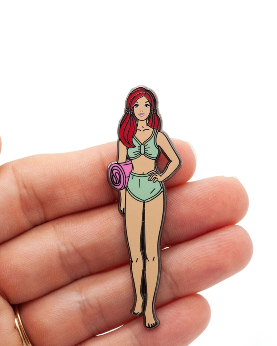 model holding malibu beach misha with mint swimsuit pin