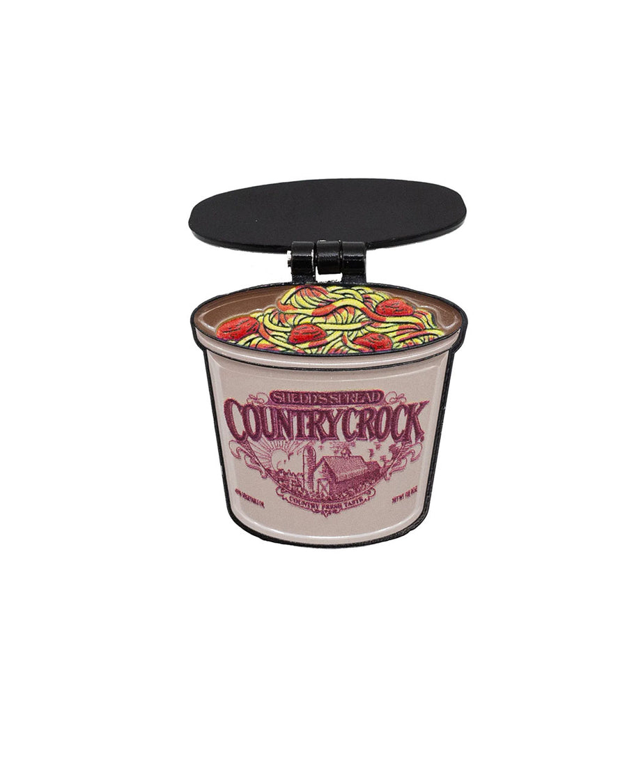 country crock pin with hinged lid and spaghetti and meatballs inside