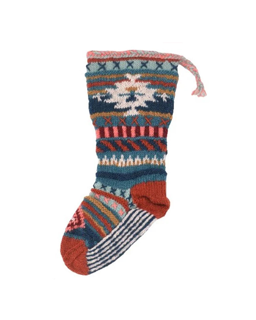 colorful abstract geo print wool stocking with hanger