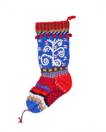blue and red wool stocking with pom detail, and blue icicle design