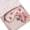 light pink mulberry silk eye mask with embroidered all over cherry print and pink pillowcase with dainty embroidered cherries on the center and pink scrunchie in a cute gift box