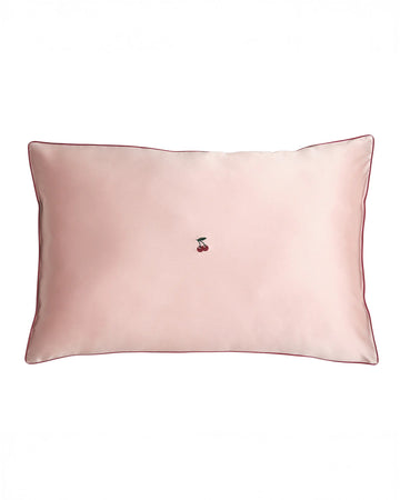 pink mulberry silk pillowcase with  embroidered cherries in the center