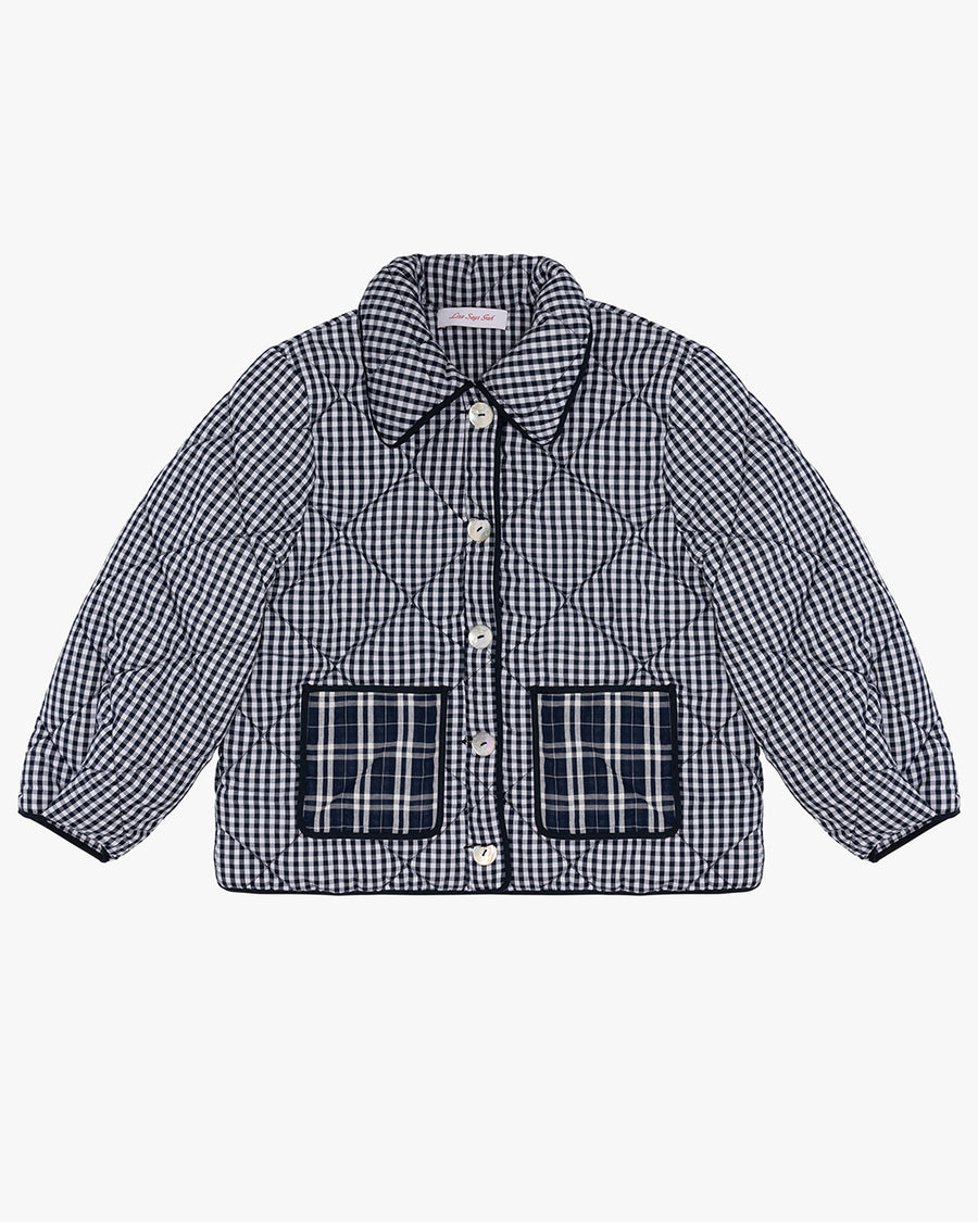 blue checkered jacket with blue plaid front patch pockets and collar