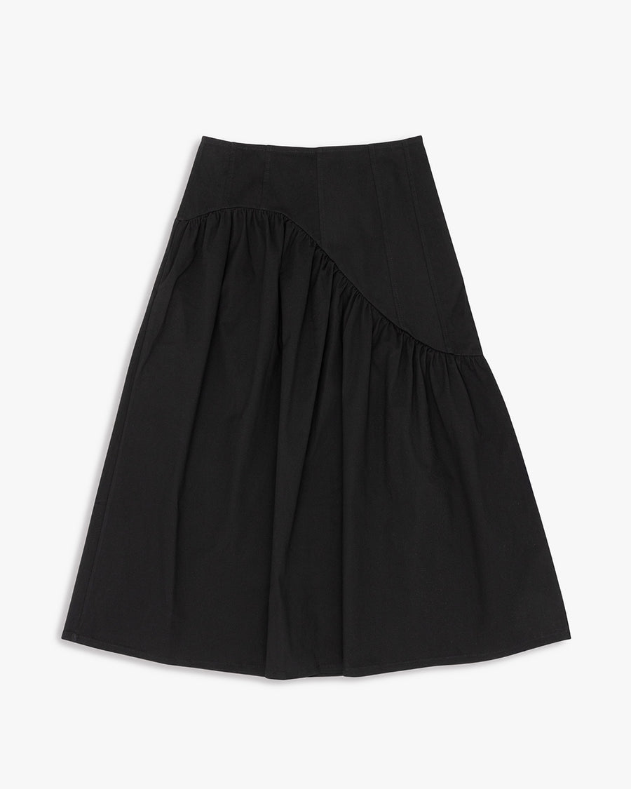 black twill midi skirt with wavey hem detail