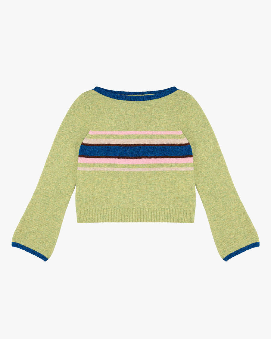 light green sweater with cobalt, pink, and cream striped center