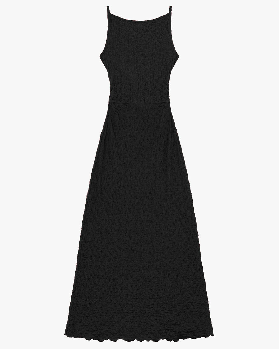 black crinkle maxi dress with asymmetrical hem and open back