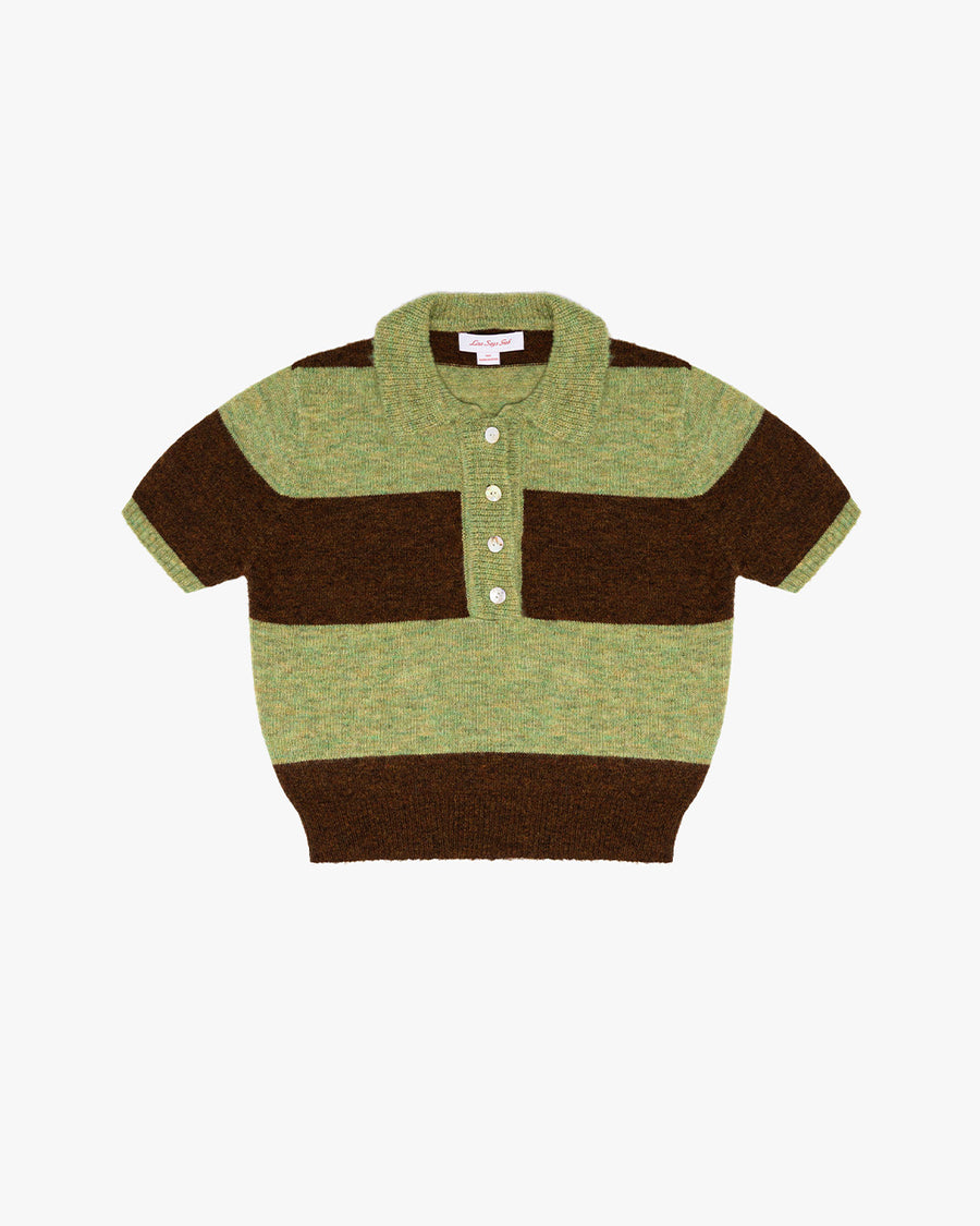 brown and mint striped short sleeve polo sweater