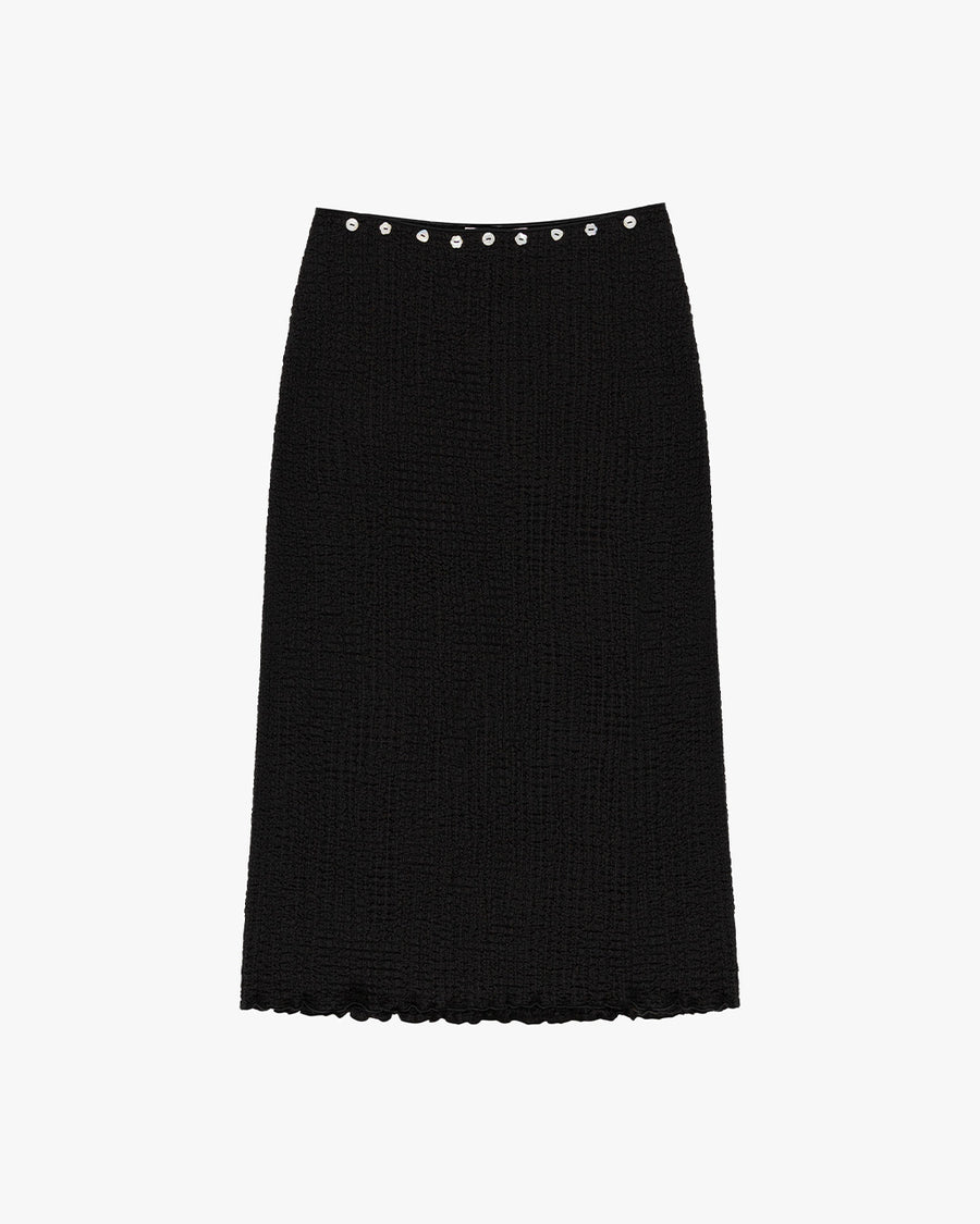 black crinkle midi skirt with shaped shell buttons on the top and matching tank