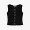 cropped black crinkle button front tank with various shaped shell buttons