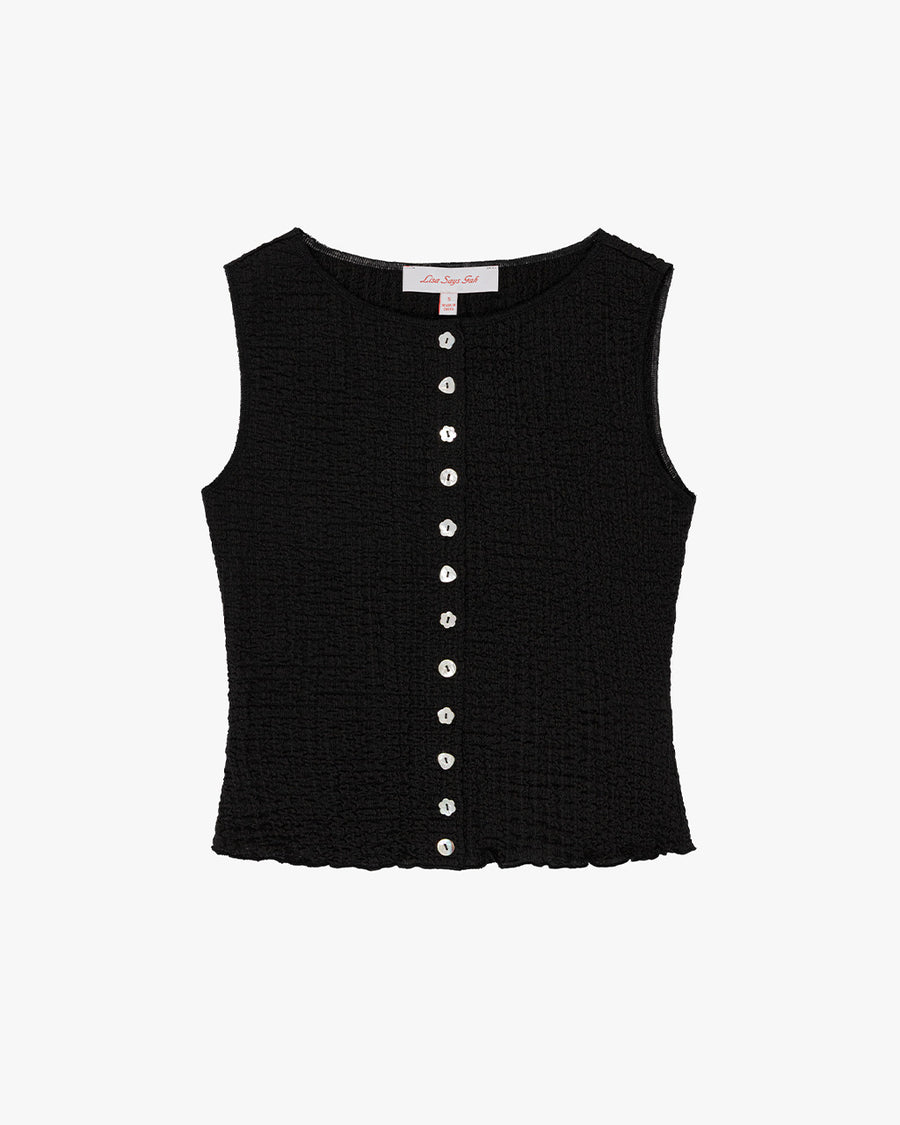 cropped black crinkle button front tank with various shaped shell buttons
