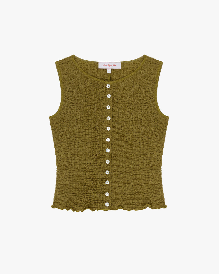 cropped olive crinkle button front tank with various shaped shell buttons