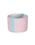 circular pink bamboo snack box with mint elastic closure