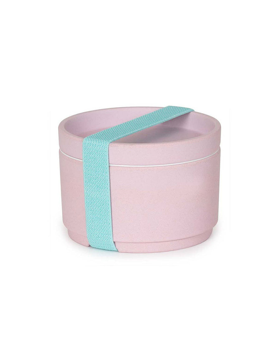 circular pink bamboo snack box with mint elastic closure