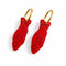red 'sweetish' fish shaped dangle earrings on gold hoops 