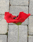 side view of red felt poppy flower