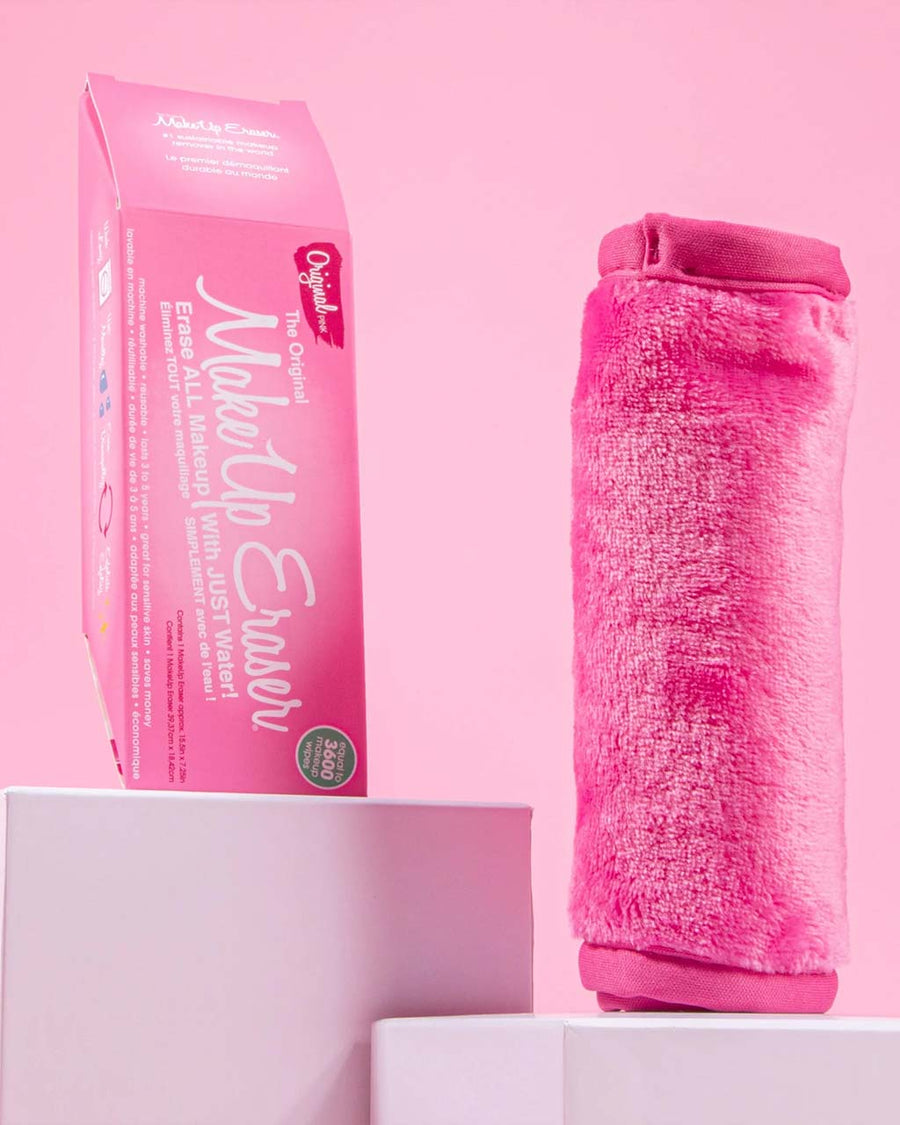 pink makeup eraser towel shown with packaging