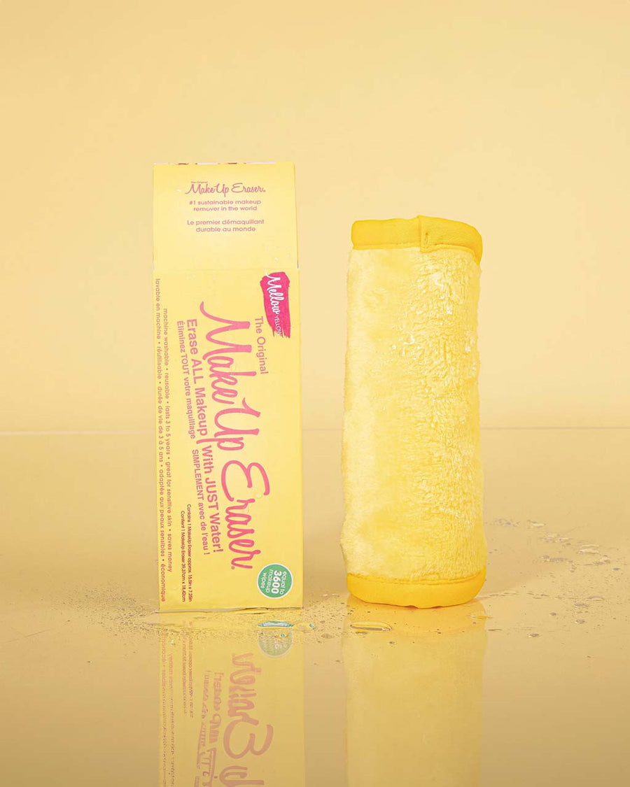yellow makeup eraser towel shown with packaging