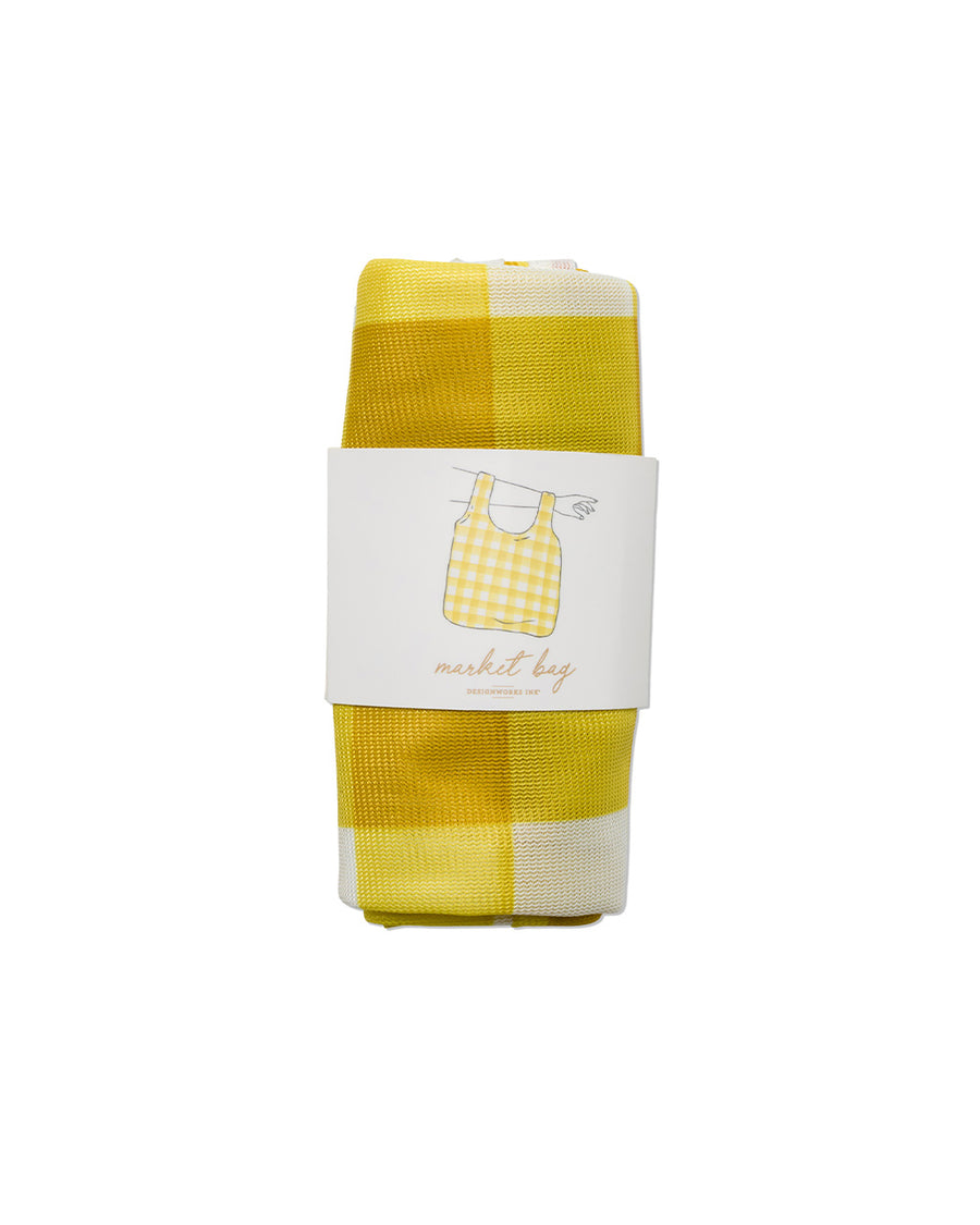 packaged yellow and white gingham market bag