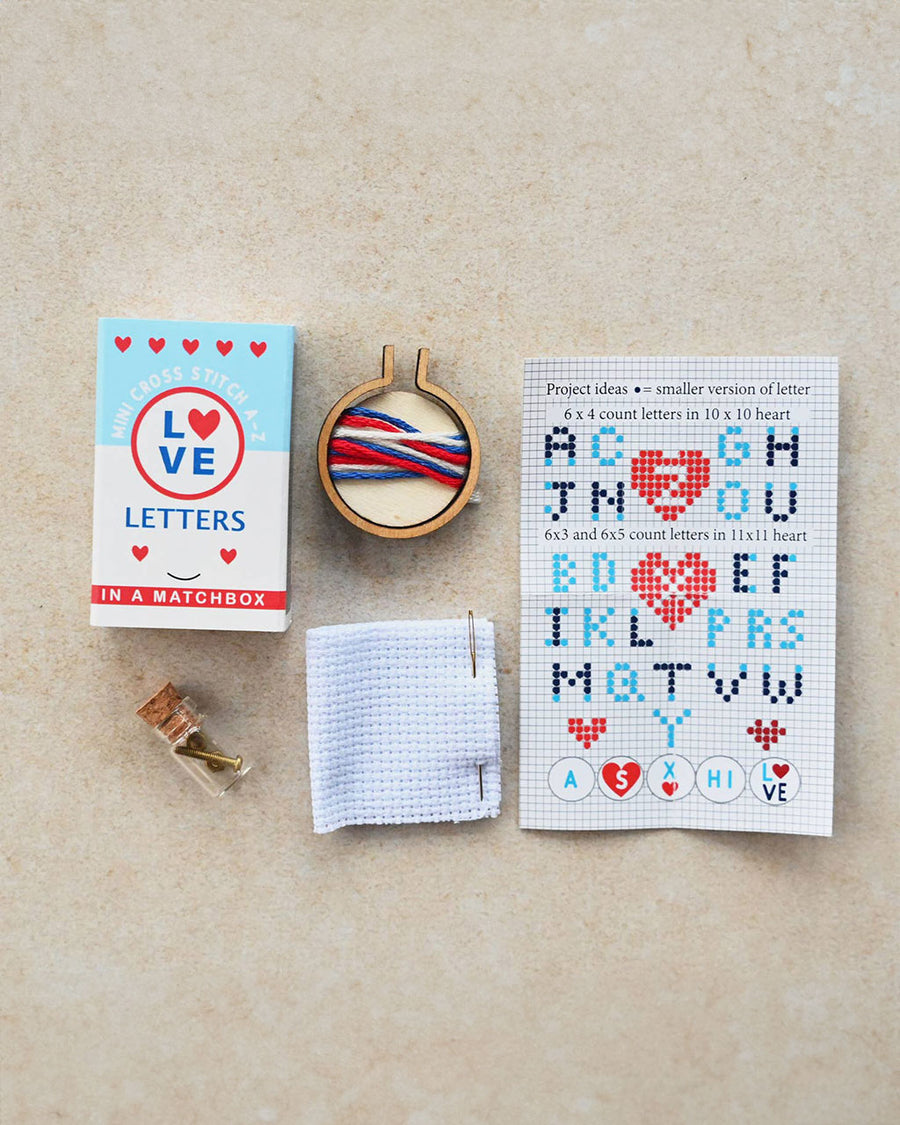 mini 'love' cross stitch kit and instructions