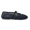 side view of black open woven ballet flats with strap and buckle
