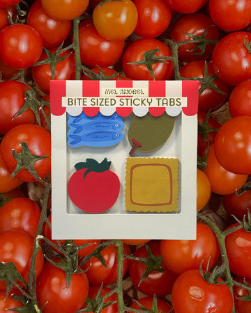 set of 4 mini sticky note tabs: sardines, olive, tomato and ravioli