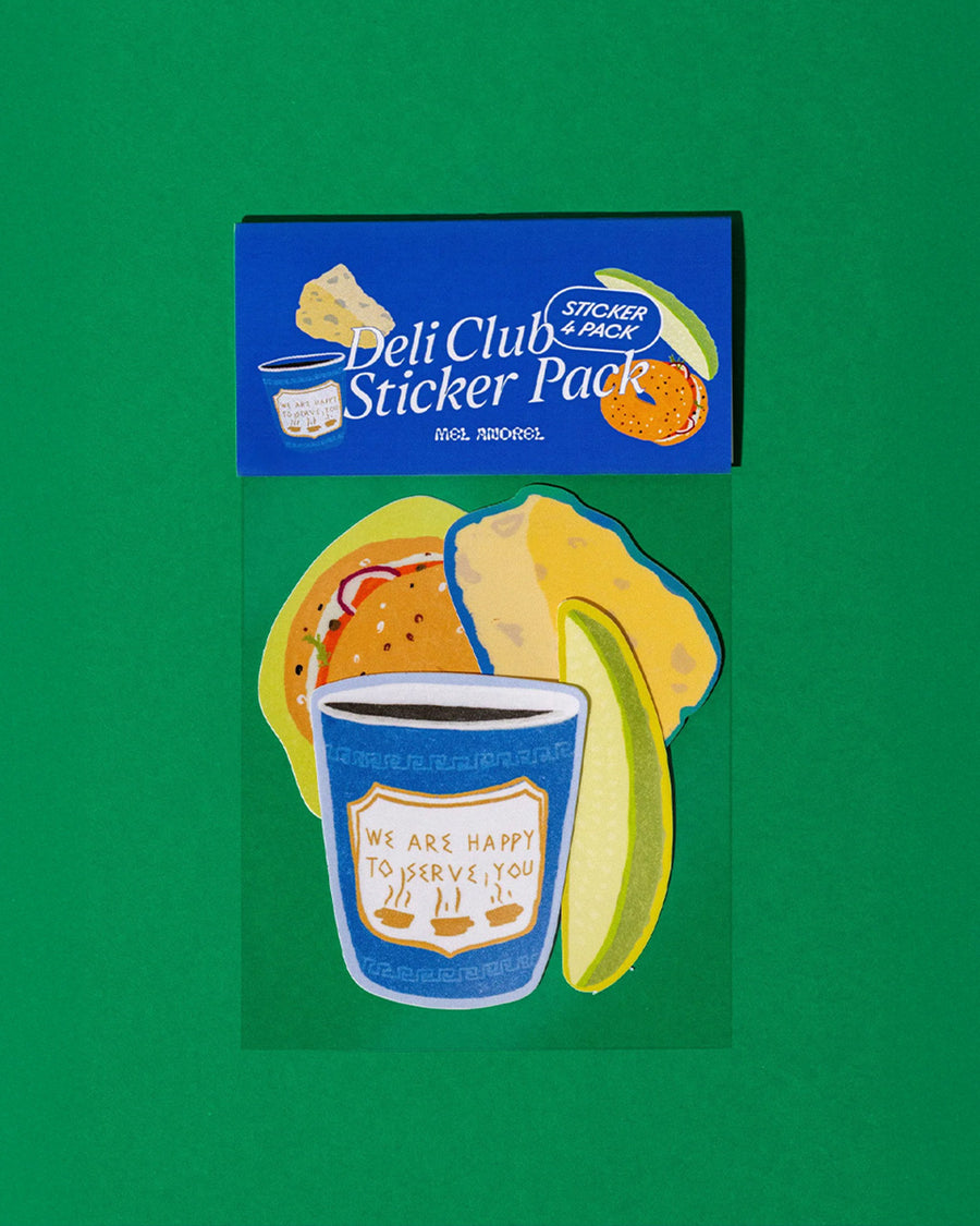 packaged set of 4 deli stickers: dill pickle spear, everything bagel with lox, a slice of cheese and a coffee in a disposable cup