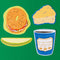 set of 4 deli stickers: dill pickle spear, everything bagel with lox, a slice of cheese and a coffee in a disposable cup