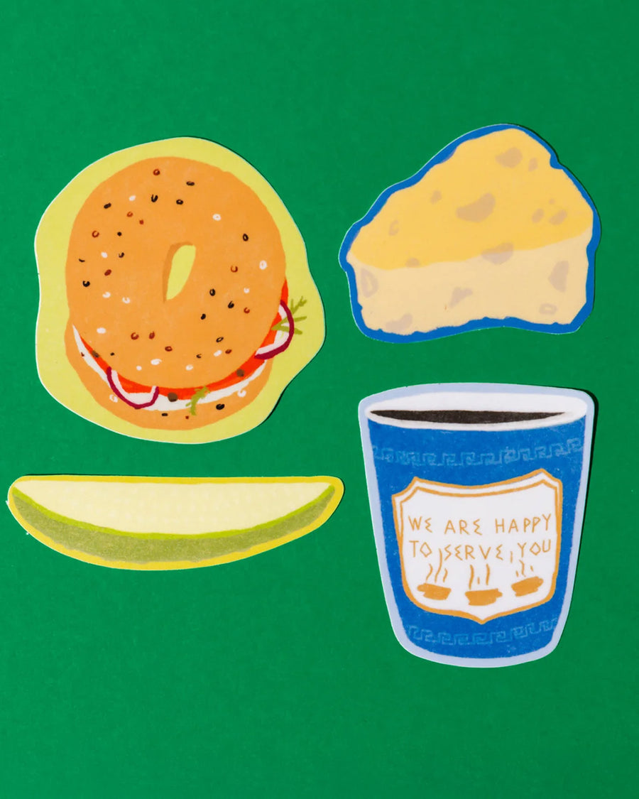 set of 4 deli stickers: dill pickle spear, everything bagel with lox, a slice of cheese and a coffee in a disposable cup