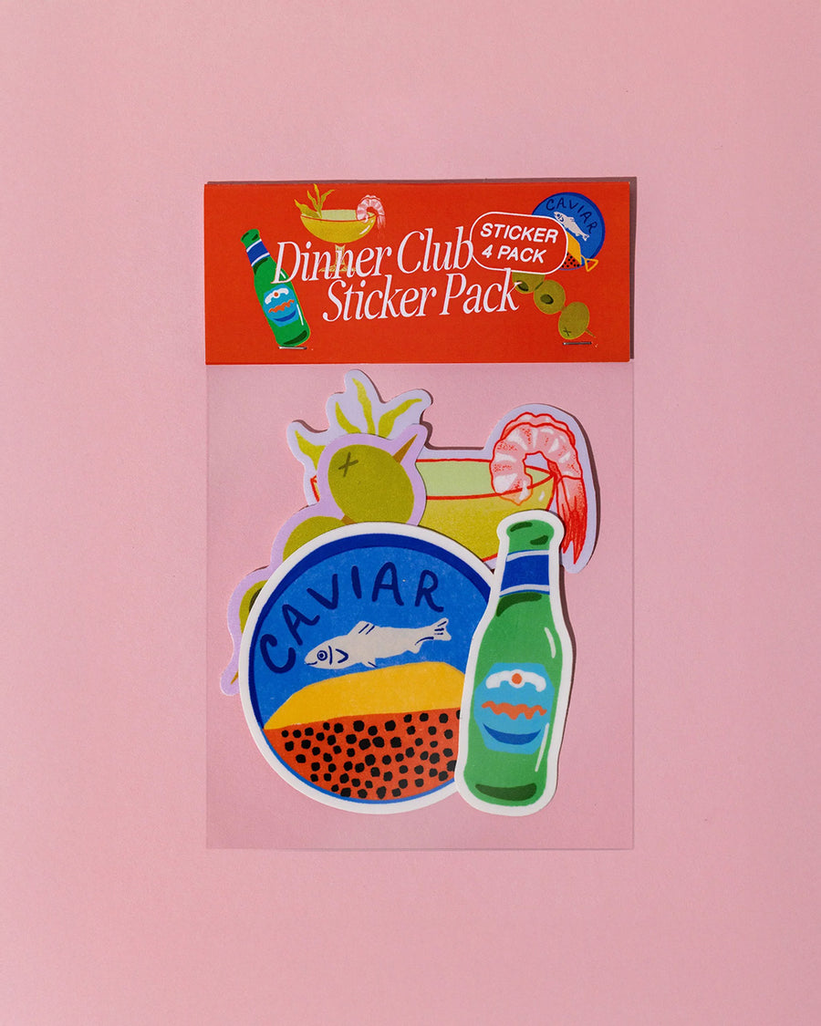 packaged set of 4 deli stickers: green bottle beverage, caviar, three olives on a toothpick, and a cocktail
