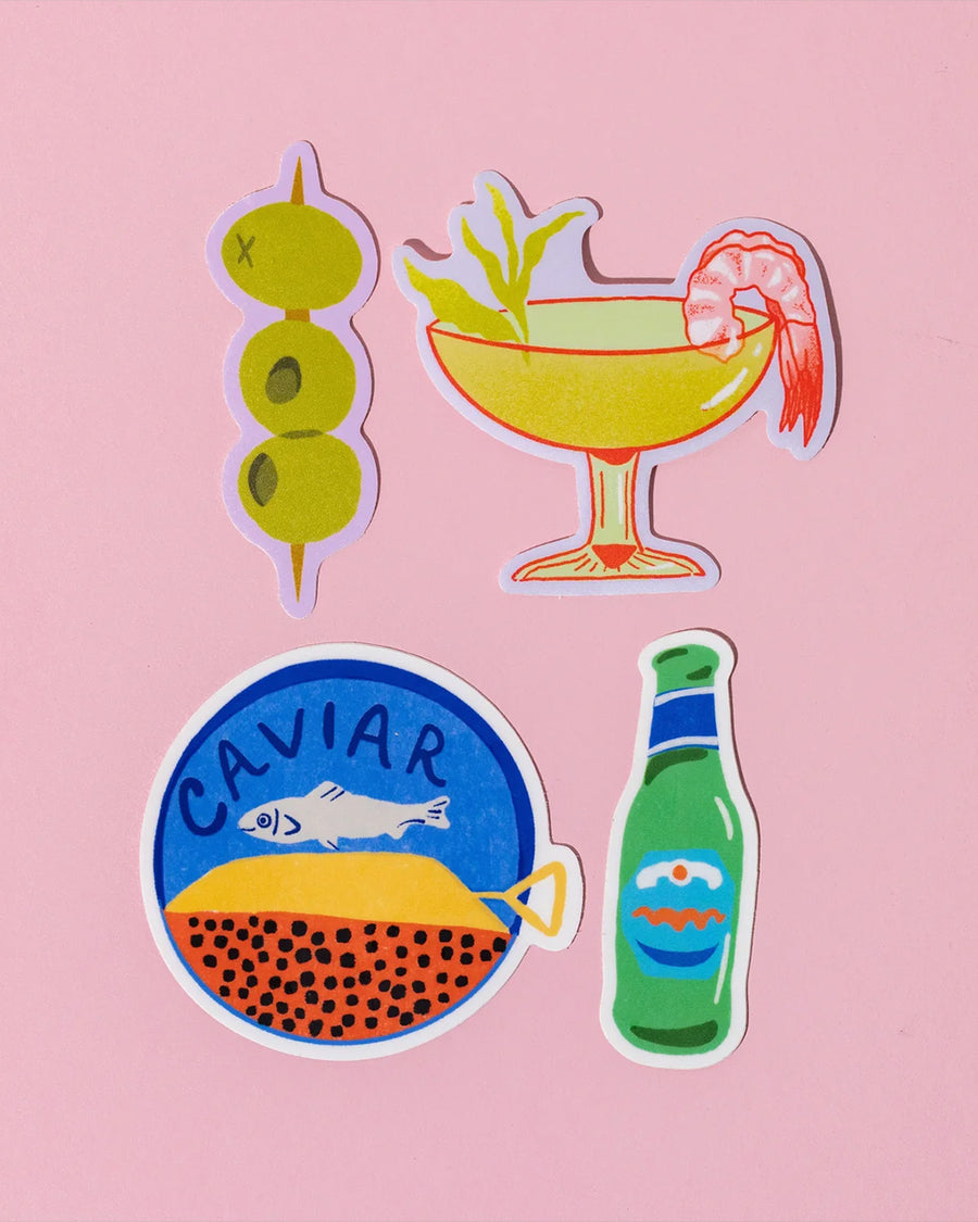 set of 4 deli stickers: dill pickle spear, everything bagel with lox, a slice of cheese and a coffee in a disposable cup