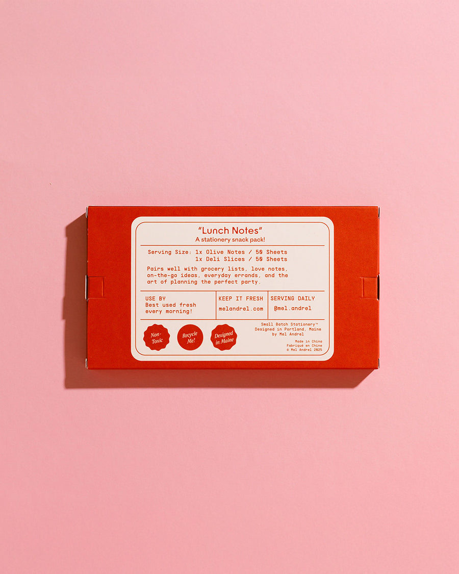 backview of packaged set of 2 sticky notes pads: Olive Notes, Deli Slices.