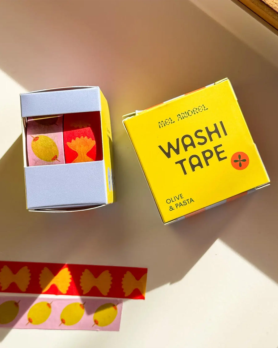 set of two rolls of washi tape: pink tape with olives, and red with bowtie pasta