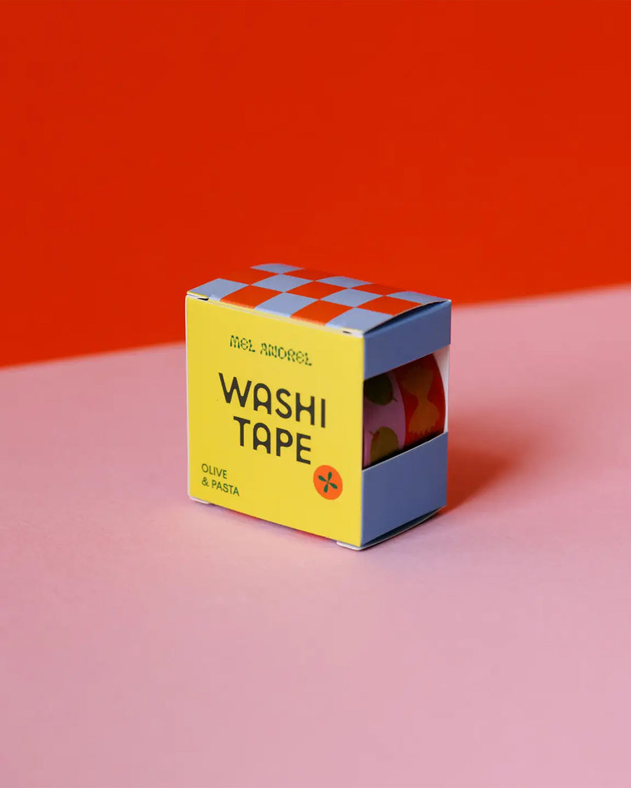 packaged set of two rolls of washi tape: pink tape with olives, and red with bowtie pasta