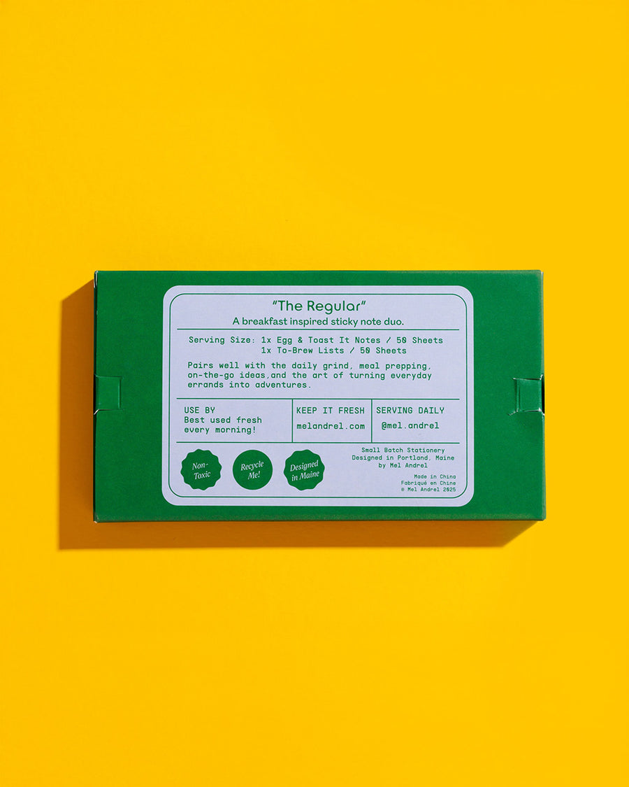 back view of packaged 'the regular': Egg + Toast It, To-Brew Lists.