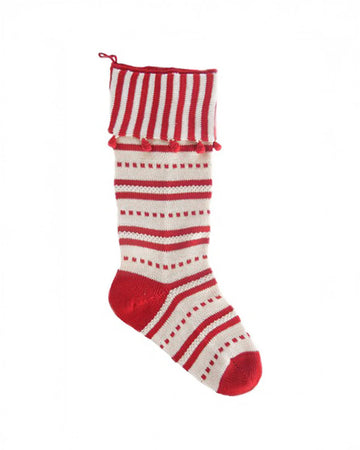 cream and red striped stocking with striped cuff and red pom detail