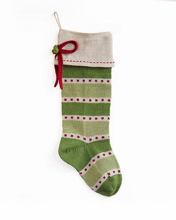 green and white stripe cotton stocking with cream cuff, red box and red dot detail