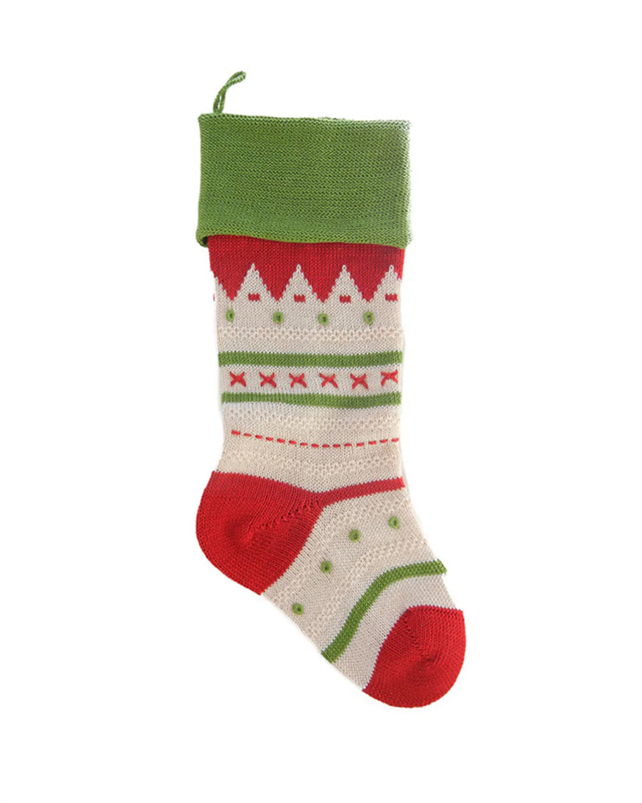 tan cotton stocking with green cuff, ed trim, and mixed print stripes in red and green
