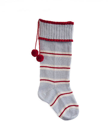 grey cotton stocking with red and white thin stripes, red trim on the cuff and red pom pom detail