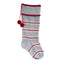 grey cotton stocking with red and white thin stripes, red trim on the cuff and red pom pom detail