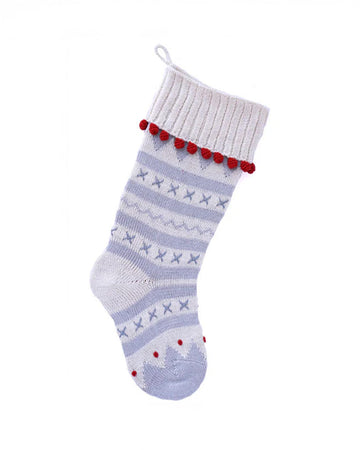 lilac and light purple striped cotton stocking with red pom trim and all over 'x' design