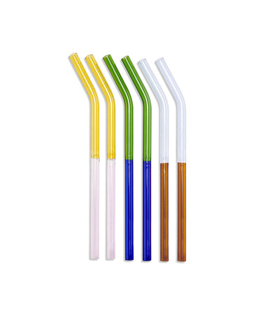 set of 6 two tones glass straws: yellow/light pink, green/blue, clear/brown